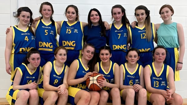Eine Gruppe junger Schülerinnen der Scoil Mhuire Kanturk posiert als Basketballteam mit Ball vor einer schlichten Wand.