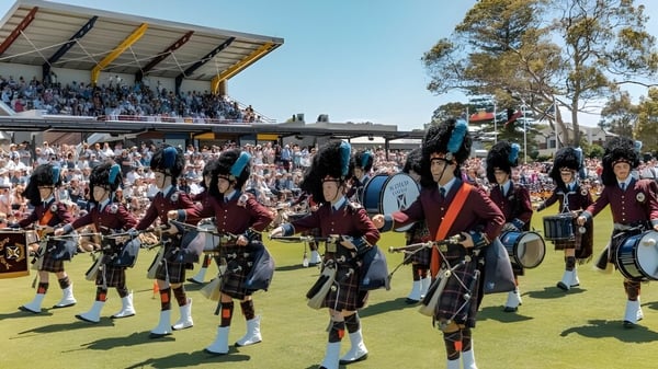 Eine Gruppe Schüler in traditioneller schottischer Tracht mit Kilts und Dudelsäcken versammelt sich vor einem Stadiengebäude auf dem Gelände des Scotch College.