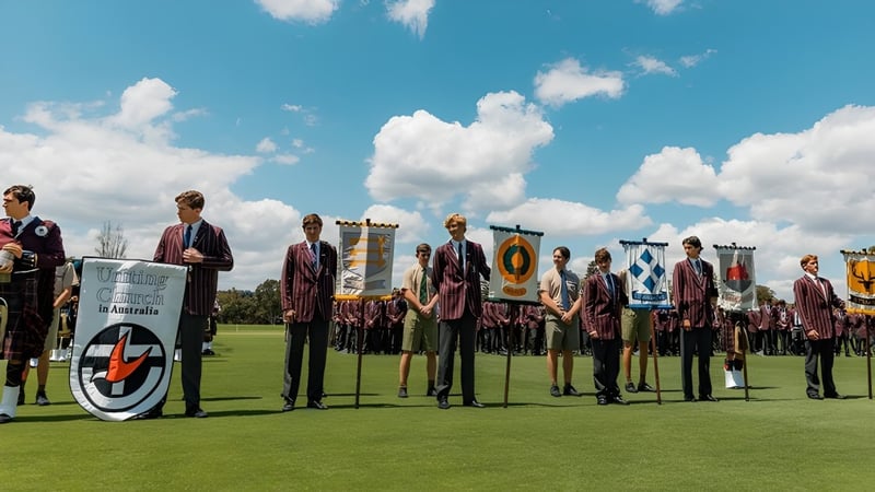 Eine Gruppe von Schülerinnen und Schülern des Scotch College steht auf einem Grasfeld in traditioneller Kleidung vor einem blauen Himmel mit weißen Wolken.