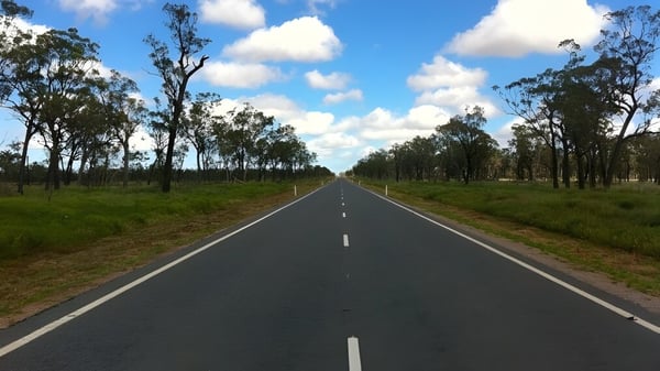 Eine lange gerade Straße führt durch eine grüne Landschaft auf dem Gelände des Scotch Oakburn College.