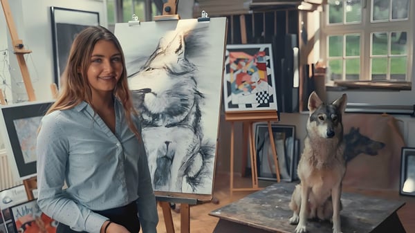 Eine Schülerin der Sedbergh School steht lächelnd in einem Kunststudio vor einem großen Wolf-Gemälde und einem sitzenden Hund.