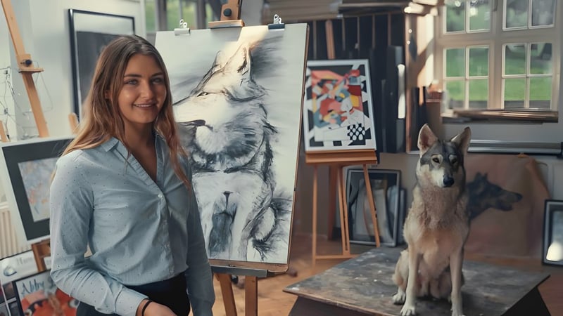 Eine Schülerin der Sedbergh School steht lächelnd in einem Kunststudio vor einem großen Wolf-Gemälde und einem sitzenden Hund.