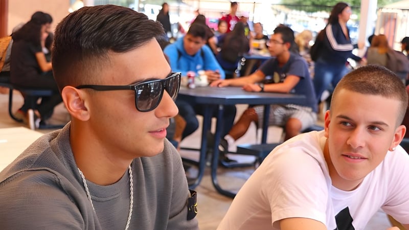 Zwei junge Männer sitzen an einem Tisch in einem Außenbereich auf dem Campus der Sequoia Charter High School.