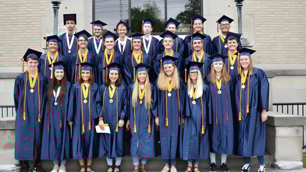 Absolventen der Seton Catholic High School stehen in blauen und gelben Abschlussroben vor einem Backsteingebäude.