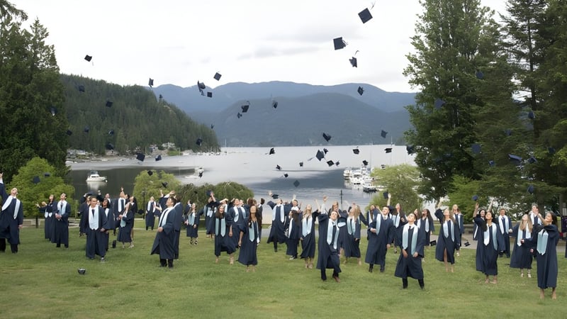 Eine große Gruppe von Absolventen der Seycove Secondary School steht auf einem Feld mit Bergen und einem See im Hintergrund.