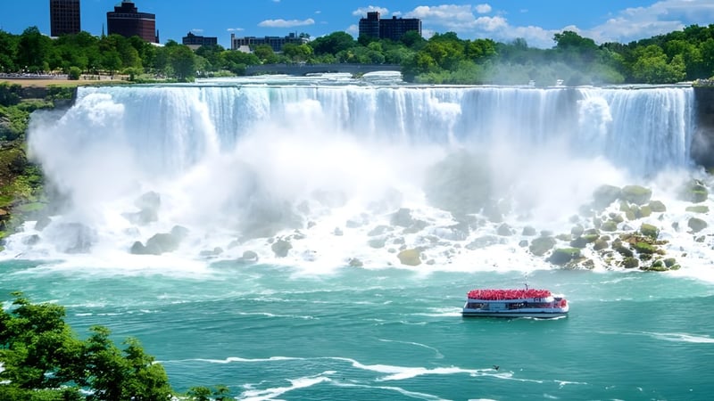 Ein rotes Boot mit Passagieren fährt vor einem Wasserfall in der Nähe der Seycove Secondary School.
