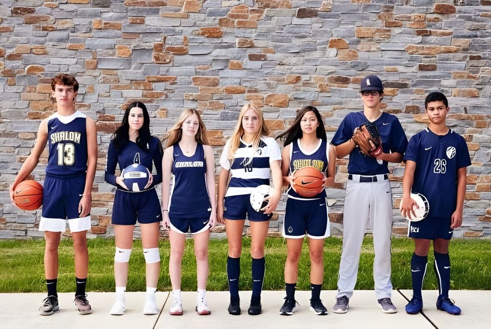 Eine Gruppe von jungen Athleten steht mit Sportgeräten vor einer Steinmauer auf dem Gelände der Shalom Christian Academy.