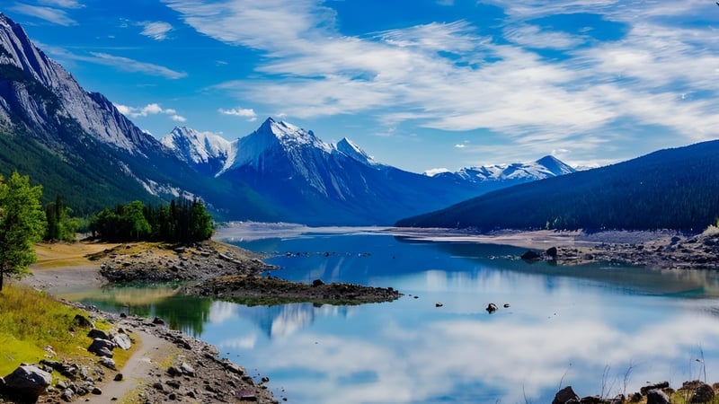 Ein alpiner See mit klarem Wasser und schneebedeckten Bergen ist in der Natur nahe der Shawnigan Lake School zu sehen.