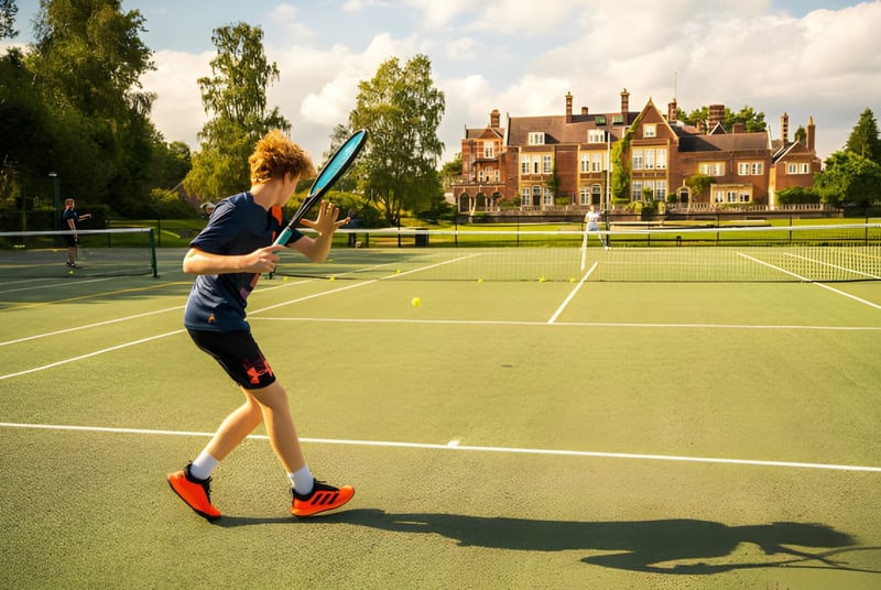Eine Schülerin spielt Tennis auf dem gepflegten Tennisplatz der Sherfield School vor einem historischen Gebäude.