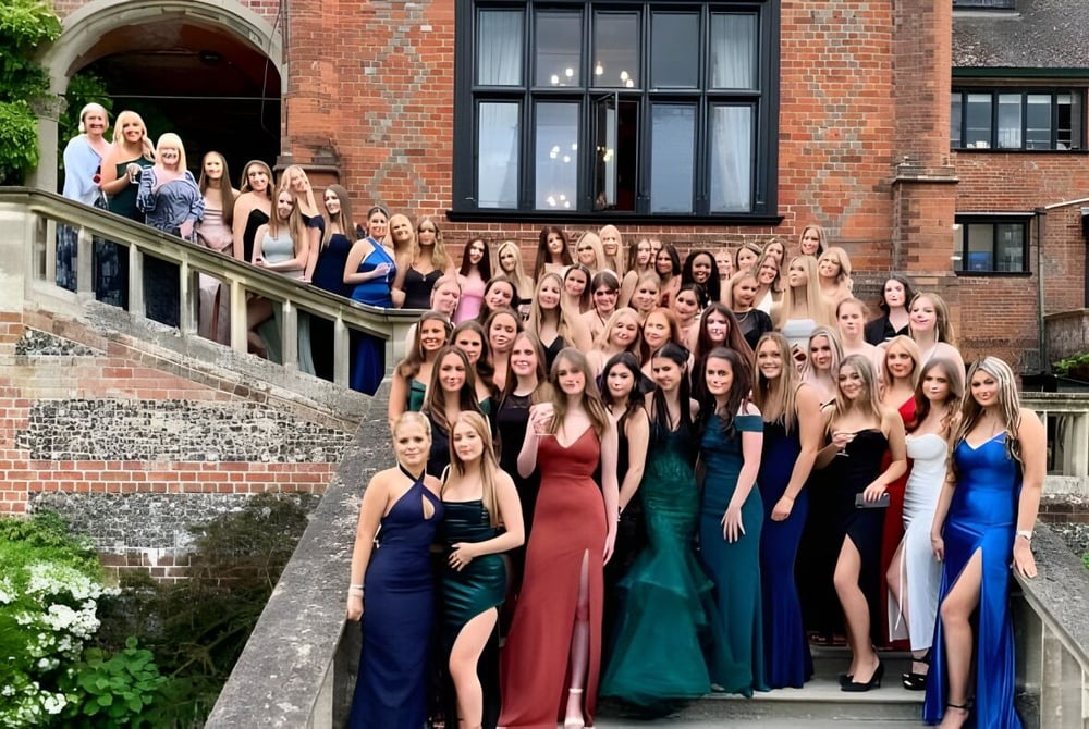 Eine Gruppe junger Frauen im formellen Kleid steht vor einem historischen Backsteingebäude auf dem Campus des Shiplake College.