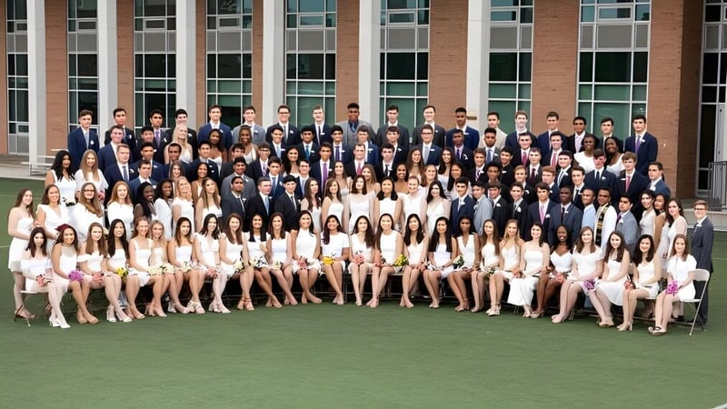 Eine Gruppe von Schülerinnen und Schülern der Sidwell Friends School steht auf einer Wiese vor einem Backsteingebäude.