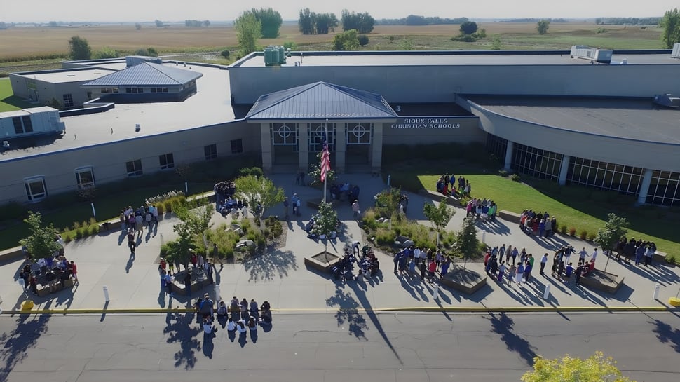 Das moderne Schulgebäude der Sioux Falls Christian School mit Schülerinnen und Schülern im großen grünen Innenhof.