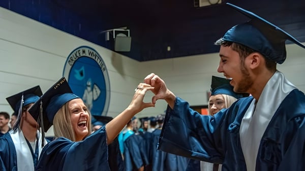 Absolventen der Sir Robert Borden High School feiern gemeinsam in blauen Abschlussroben und -mützen.