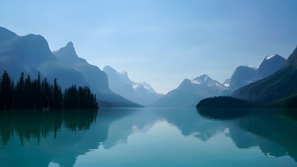 Ein türkisfarbener See mit schneebedeckten Bergen und immergrünen Wäldern in der Umgebung der Sir Robert Borden High School.