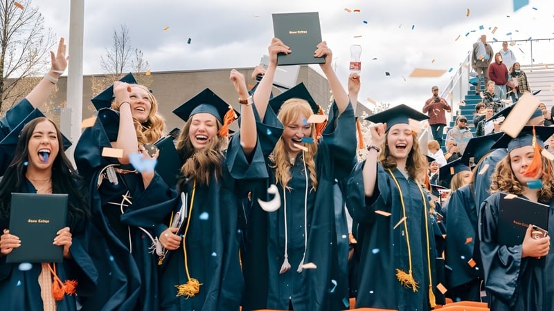 Eine Gruppe von Absolventen in schwarzen Talaren feiert ihre Graduierung auf dem Campus der Snow College.