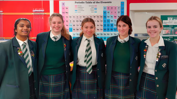 Fünf Schülerinnen in Schuluniform stehen vor einem Periodensystem an der Wand im Solway College.