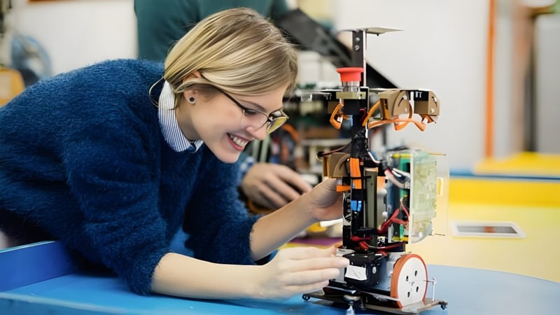 Eine Schülerin der South Carleton High School konzentriert sich auf die Reparatur eines mechanischen Geräts in der Werkstatt.