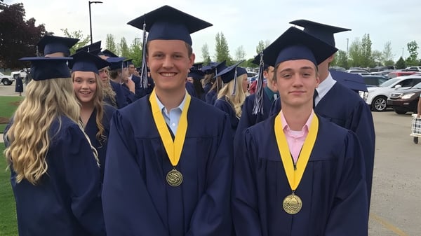 Absolventinnen und Absolventen der South Christian High School stehen im Freien zusammen und zeigen ihre Abschlussdiplome.