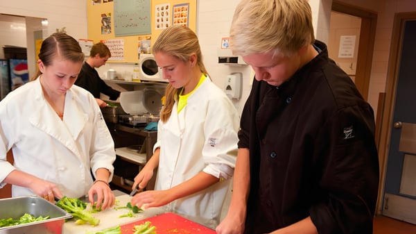 Drei Personen arbeiten gemeinsam in einer Küche auf dem Campus der South Delta Secondary School.