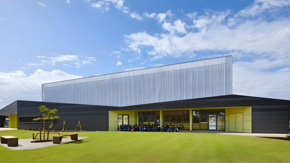 Das moderne Gebäude mit silberner Fassade auf dem Campus des Southern River College steht vor blauem Himmel mit weißen Wolken.