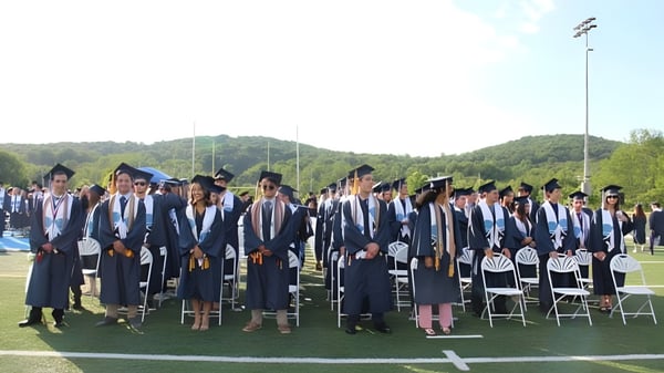 Absolventen der Sparta High School in akademischer Kleidung stehen auf einem Feld mit Wald und klarem Himmel im Hintergrund.