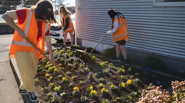 Schüler des Spotswood College arbeiten in Warnwesten an einem Gartenbeet vor einer Metallwand.