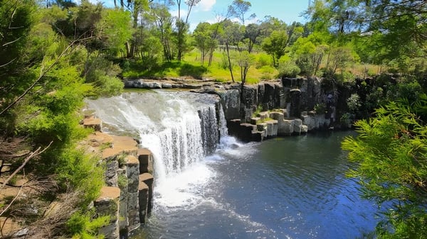Ein Wasserfall fließt über Felsen in einen blauen Pool, umgeben von grüner Natur, nahe der Springbank School.