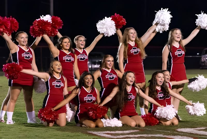 Eine Gruppe Cheerleader der Springwood School führt abends auf dem Fußballfeld eine Performance mit roten und weißen Uniformen durch.