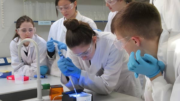 Schüler des St. Andrew's College arbeiten im Labor mit wissenschaftlichem Gerät und Materialien an einem Tisch.