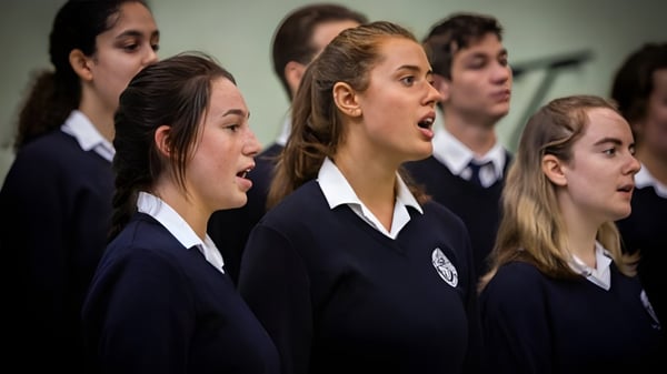 Eine Gruppe von Schülern im St. Andrew's College singt gemeinsam im Klassenraum.