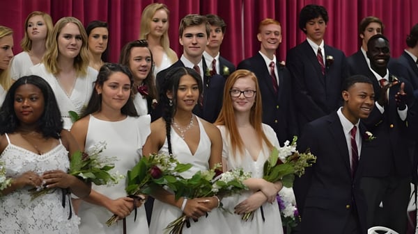 Eine Gruppe Schüler der St. Anne's-Belfield School steht vor einem roten Vorhang und hält Blumen bei der Abschlussfeier.