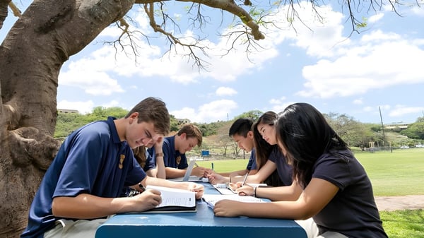 Eine Gruppe Schüler der St. Anthony School sitzt unter einem Baum auf einer Wiese und arbeitet gemeinsam an einer Studie.