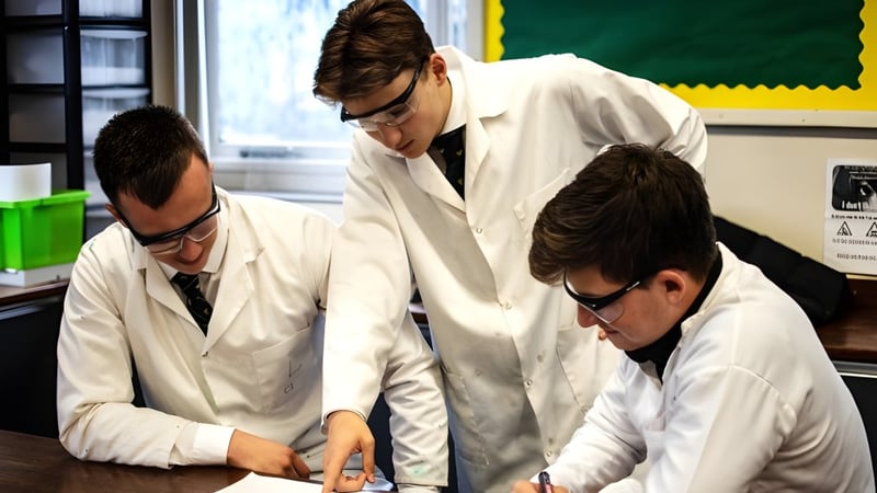 Drei Schüler der St. Christopher School untersuchen gemeinsam eine Probe im Labor.