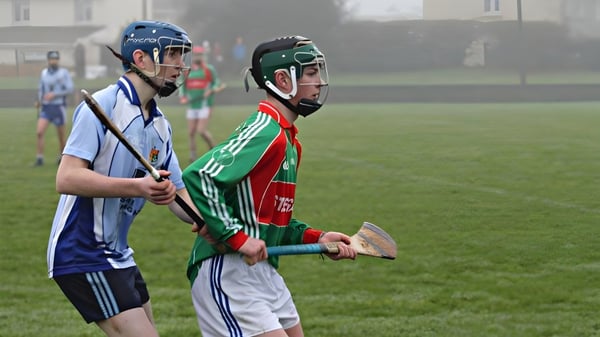 Zwei Schüler in Sportuniformen stehen auf dem Sportfeld des St. Colmans College vor Gebäuden.