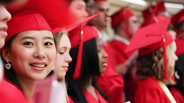 Schüler der St. Croix Lutheran Academy tragen rote Abschlussroben und feiern ihren Abschluss.