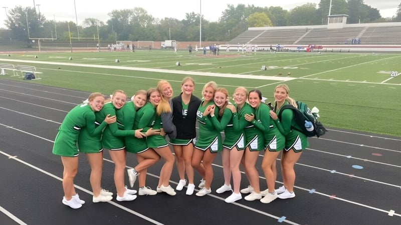 Eine Gruppe junger Athletinnen steht auf dem Sportfeld der St. Edmond Catholic School vor dem Stadion.