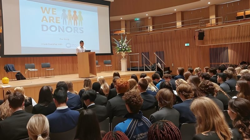 Eine Vorlesung im großen Auditorium der St Edward's School (Oxford) mit einem Redner am Podium und einer Projektion mit dem Text We are donors.