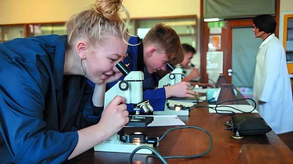 Schüler der St. Felix School arbeiten konzentriert mit elektronischen Geräten im Labor.