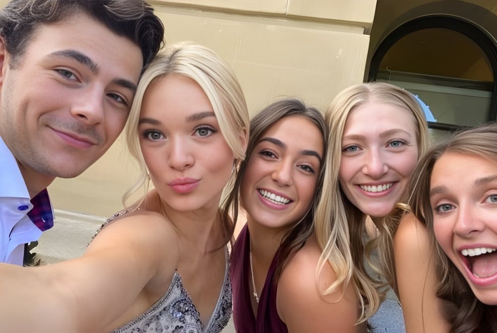 Eine Gruppe von Schülerinnen und Schülern der St. Francis Xavier High School macht vor einem verzierten Tor eine Selfie-Aufnahme mit lustigen Gesichtsausdrücken.