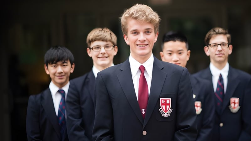 Eine Gruppe Schüler in Schuluniform steht gemeinsam in einem formellen Raum auf dem Campus der St. George’s School.