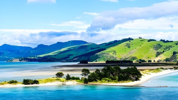 Eine malerische Küstenlandschaft mit grünen Hügeln, Sandstrand und Bergen unter blauem Himmel nahe St. Hilda's Collegiate School.