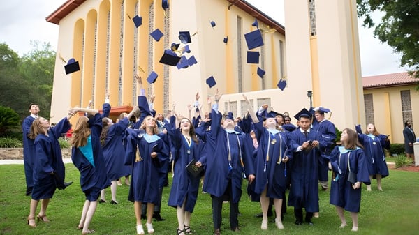 Absolventen der St. John Paul II Catholic High School werfen ihre blauen Abschlussmützen vor einem gelben Gebäude in die Luft.