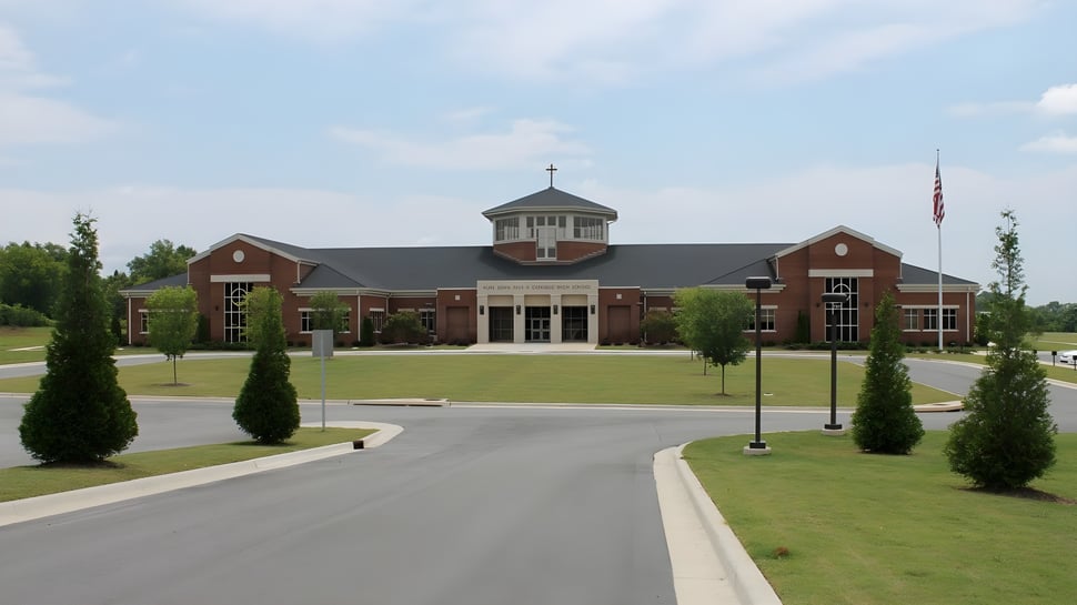 Das Haupthaus der St. John Paul II Catholic High School mit einem zentralen Turm und gepflegtem Eingangsbereich.