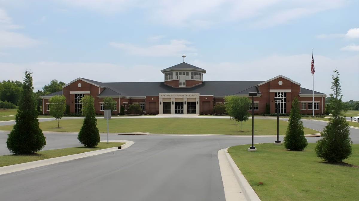 Das Haupthaus der St. John Paul II Catholic High School mit einem zentralen Turm und gepflegtem Eingangsbereich.
