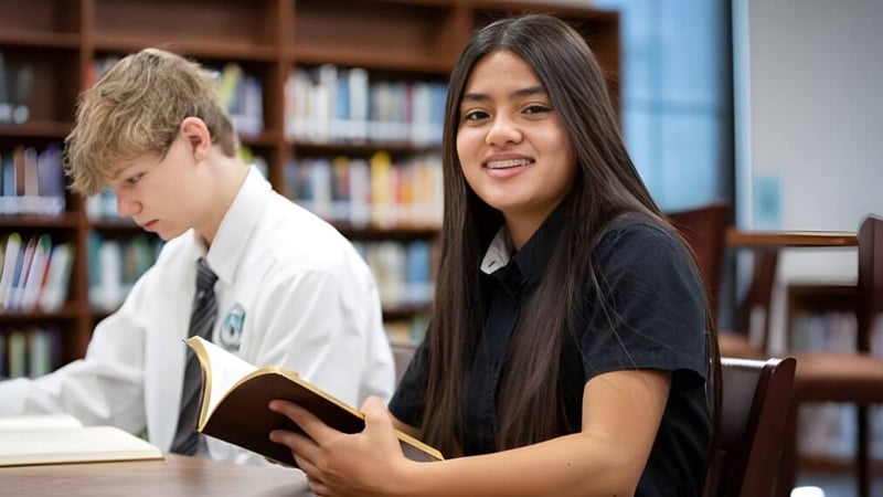 Zwei Schüler der St. John Paul II Catholic High School sitzen am Tisch in der Bibliothek und lernen gemeinsam.