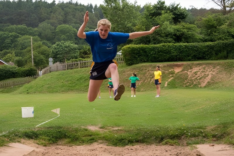 Eine Person in blauem Hemd springt hoch auf einer Wiese vor einem Wald auf dem Gelände der St. John’s School Sidmouth.