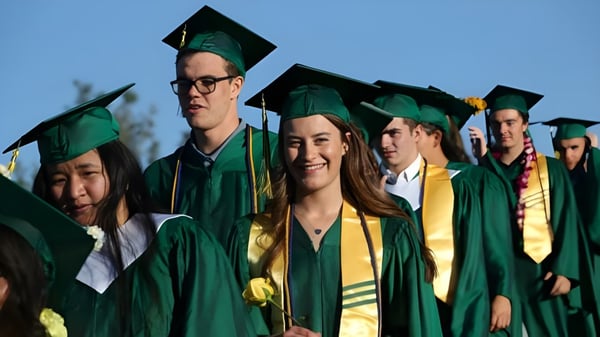Eine Gruppe von Absolventinnen und Absolventen der St. Joseph Academy steht in grünen und gelben Talaren vor einem strahlend blauen Himmel.