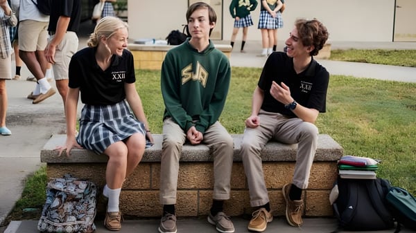 Eine Gruppe von Schülern sitzt auf einer Betonstruktur im Außenbereich der St. Joseph Academy mit Rasen und Gebäuden im Hintergrund.