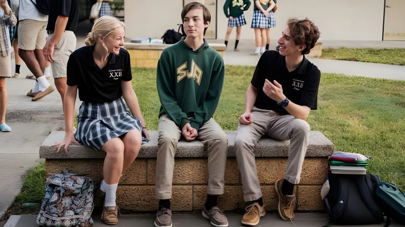 Eine Gruppe von Schülern sitzt auf einer Betonstruktur im Außenbereich der St. Joseph Academy mit Rasen und Gebäuden im Hintergrund.