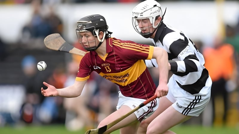 Zwei Spieler beim Hurling-Spiel auf dem Sportplatz von St. Kieran’s College, Zuschauer sind im Hintergrund zu sehen.
